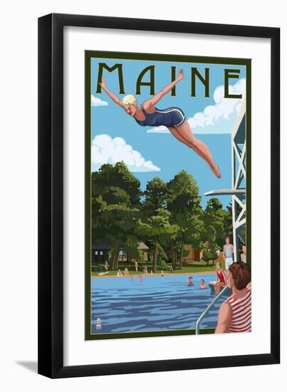 Maine - Woman Diving and Lake-Lantern Press-Framed Art Print