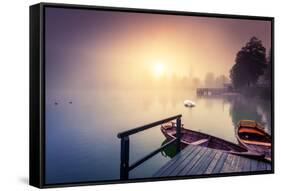 Majestic Colorful Scenery on the Foggy Lake in Triglav National Park, Located in the Bohinj Valley-Leonid Tit-Framed Stretched Canvas