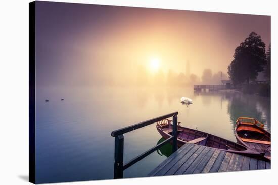 Majestic Colorful Scenery on the Foggy Lake in Triglav National Park, Located in the Bohinj Valley-Leonid Tit-Stretched Canvas