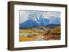 Majestic Peaks of Los Kuernos over Lake Pehoe. on a Dirt Road is worth Guanaco - Lama. the National-kavram-Framed Photographic Print