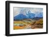 Majestic Peaks of Los Kuernos over Lake Pehoe. on a Dirt Road is worth Guanaco - Lama. the National-kavram-Framed Photographic Print