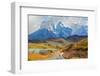 Majestic Peaks of Los Kuernos over Lake Pehoe. on a Dirt Road is worth Guanaco - Lama. the National-kavram-Framed Photographic Print