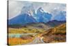 Majestic Peaks of Los Kuernos over Lake Pehoe. on a Dirt Road is worth Guanaco - Lama. the National-kavram-Stretched Canvas