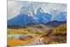 Majestic Peaks of Los Kuernos over Lake Pehoe. on a Dirt Road is worth Guanaco - Lama. the National-kavram-Mounted Photographic Print