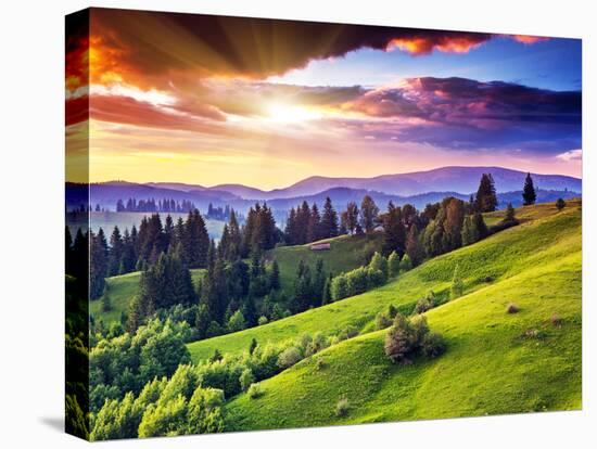 Majestic Sunset in the Mountains Landscape. Overcast Sky before Storm. Carpathian, Ukraine, Europe.-Leonid Tit-Stretched Canvas