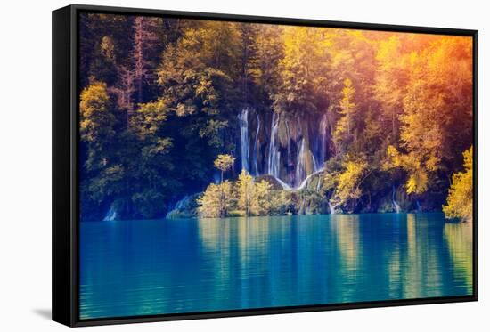 Majestic View on Waterfall with Turquoise Water and Sunny Beams in Plitvice Lakes National Park. Fo-Leonid Tit-Framed Stretched Canvas