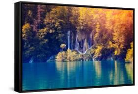 Majestic View on Waterfall with Turquoise Water and Sunny Beams in Plitvice Lakes National Park. Fo-Leonid Tit-Framed Stretched Canvas