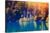 Majestic View on Waterfall with Turquoise Water and Sunny Beams in Plitvice Lakes National Park. Fo-Leonid Tit-Stretched Canvas