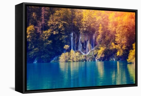 Majestic View on Waterfall with Turquoise Water and Sunny Beams in Plitvice Lakes National Park. Fo-Leonid Tit-Framed Stretched Canvas