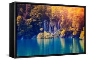 Majestic View on Waterfall with Turquoise Water and Sunny Beams in Plitvice Lakes National Park. Fo-Leonid Tit-Framed Stretched Canvas