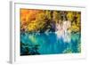 Majestic View on Waterfall with Turquoise Water and Sunny Beams in Plitvice Lakes National Park. Fo-Leonid Tit-Framed Photographic Print