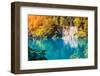 Majestic View on Waterfall with Turquoise Water and Sunny Beams in Plitvice Lakes National Park. Fo-Leonid Tit-Framed Photographic Print