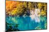Majestic View on Waterfall with Turquoise Water and Sunny Beams in Plitvice Lakes National Park. Fo-Leonid Tit-Mounted Photographic Print