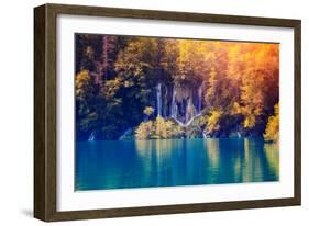 Majestic View on Waterfall with Turquoise Water and Sunny Beams in Plitvice Lakes National Park. Fo-Leonid Tit-Framed Photographic Print