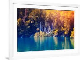 Majestic View on Waterfall with Turquoise Water and Sunny Beams in Plitvice Lakes National Park. Fo-Leonid Tit-Framed Photographic Print