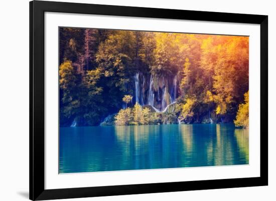 Majestic View on Waterfall with Turquoise Water and Sunny Beams in Plitvice Lakes National Park. Fo-Leonid Tit-Framed Photographic Print