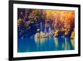 Majestic View on Waterfall with Turquoise Water and Sunny Beams in Plitvice Lakes National Park. Fo-Leonid Tit-Framed Photographic Print