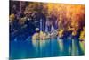 Majestic View on Waterfall with Turquoise Water and Sunny Beams in Plitvice Lakes National Park. Fo-Leonid Tit-Mounted Photographic Print