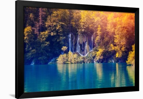 Majestic View on Waterfall with Turquoise Water and Sunny Beams in Plitvice Lakes National Park. Fo-Leonid Tit-Framed Photographic Print