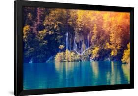 Majestic View on Waterfall with Turquoise Water and Sunny Beams in Plitvice Lakes National Park. Fo-Leonid Tit-Framed Photographic Print