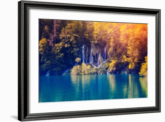 Majestic View on Waterfall with Turquoise Water and Sunny Beams in Plitvice Lakes National Park. Fo-Leonid Tit-Framed Photographic Print