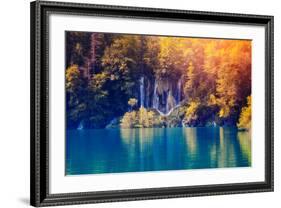 Majestic View on Waterfall with Turquoise Water and Sunny Beams in Plitvice Lakes National Park. Fo-Leonid Tit-Framed Photographic Print