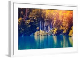 Majestic View on Waterfall with Turquoise Water and Sunny Beams in Plitvice Lakes National Park. Fo-Leonid Tit-Framed Photographic Print