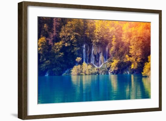 Majestic View on Waterfall with Turquoise Water and Sunny Beams in Plitvice Lakes National Park. Fo-Leonid Tit-Framed Photographic Print