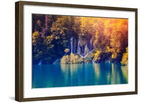 Majestic View on Waterfall with Turquoise Water and Sunny Beams in Plitvice Lakes National Park. Fo-Leonid Tit-Framed Photographic Print