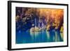 Majestic View on Waterfall with Turquoise Water and Sunny Beams in Plitvice Lakes National Park. Fo-Leonid Tit-Framed Photographic Print