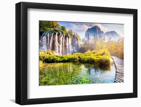 Majestic View on Waterfall with Turquoise Water and Sunny Beams in the Plitvice Lakes National Park-Creative Travel Projects-Framed Photographic Print