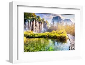 Majestic View on Waterfall with Turquoise Water and Sunny Beams in the Plitvice Lakes National Park-Creative Travel Projects-Framed Photographic Print