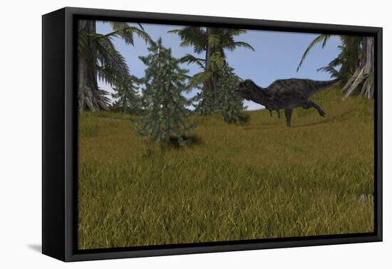 Majungasaurus Running across a Grassy Field-null-Framed Stretched Canvas