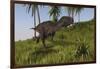 Majungasaurus Running across a Grassy Field-null-Framed Art Print