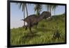 Majungasaurus Running across a Grassy Field-null-Framed Art Print