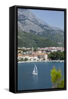 Makarska Harbour with Yacht and Mountains Behind, Dalmatian Coast, Croatia, Europe-John Miller-Framed Stretched Canvas