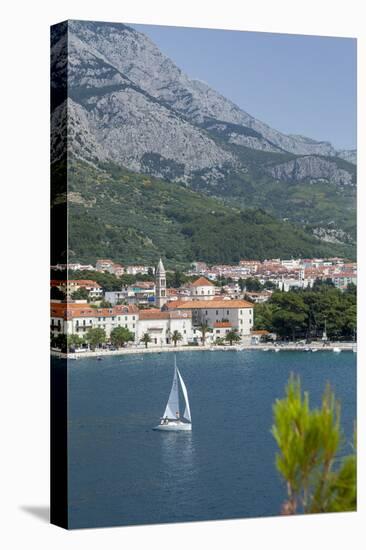 Makarska Harbour with Yacht and Mountains Behind, Dalmatian Coast, Croatia, Europe-John Miller-Stretched Canvas