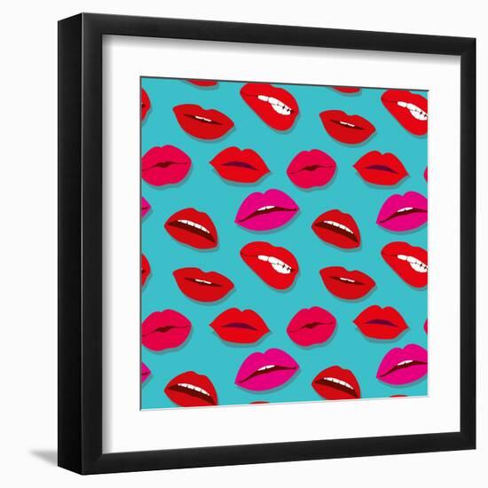 Makeup and Cosmetics Seamless Pattern with Red Woman Lips. Flat Sexy Lips Fashion Background Vector-MicroOne-Framed Art Print