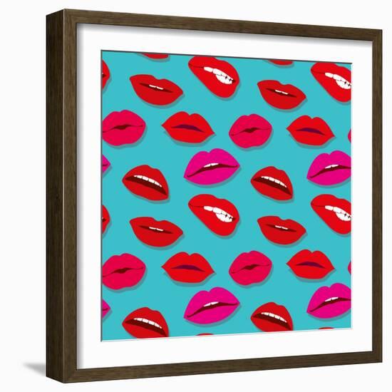 Makeup and Cosmetics Seamless Pattern with Red Woman Lips. Flat Sexy Lips Fashion Background Vector-MicroOne-Framed Art Print