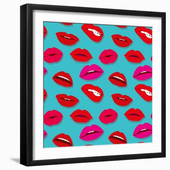 Makeup and Cosmetics Seamless Pattern with Red Woman Lips. Flat Sexy Lips Fashion Background Vector-MicroOne-Framed Art Print