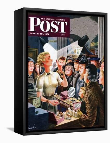 "Makeup Counter" Saturday Evening Post Cover, March 10, 1951-Constantin Alajalov-Framed Stretched Canvas