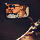 Carefree Young Couple in Sunglasses Kissing Reflected in the Mirror of a Motorcycle-Maksim Ladouski-Photographic Print