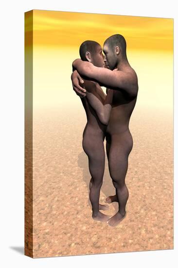 Male and Female Homo Erectus Hugging in the Desert-null-Stretched Canvas