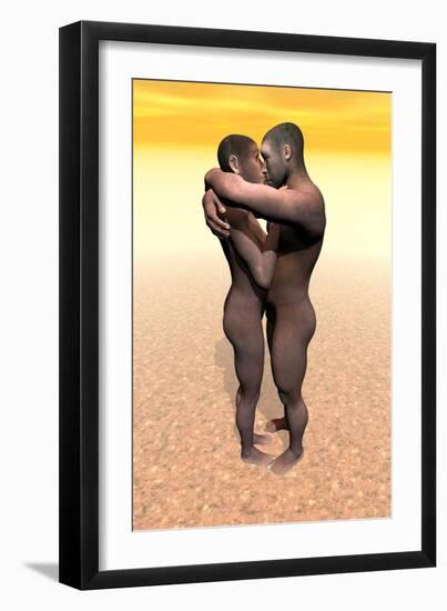 Male and Female Homo Erectus Hugging in the Desert-null-Framed Art Print