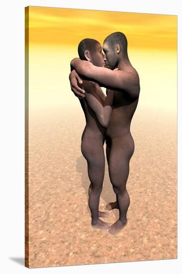 Male and Female Homo Erectus Hugging in the Desert-null-Stretched Canvas