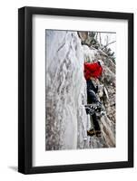 Male Climber Leads Up a Vertical Frozen Waterfall in a Snow Storm, Vail, Colorado-Daniel Gambino-Framed Photographic Print