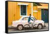 Male Cyclist and Ambassador Car, Pondicherry (Puducherry), Tamil Nadu, India-Peter Adams-Framed Stretched Canvas