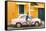 Male Cyclist and Ambassador Car, Pondicherry (Puducherry), Tamil Nadu, India-Peter Adams-Framed Stretched Canvas