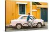 Male Cyclist and Ambassador Car, Pondicherry (Puducherry), Tamil Nadu, India-Peter Adams-Stretched Canvas