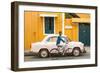 Male Cyclist and Ambassador Car, Pondicherry (Puducherry), Tamil Nadu, India-Peter Adams-Framed Photographic Print